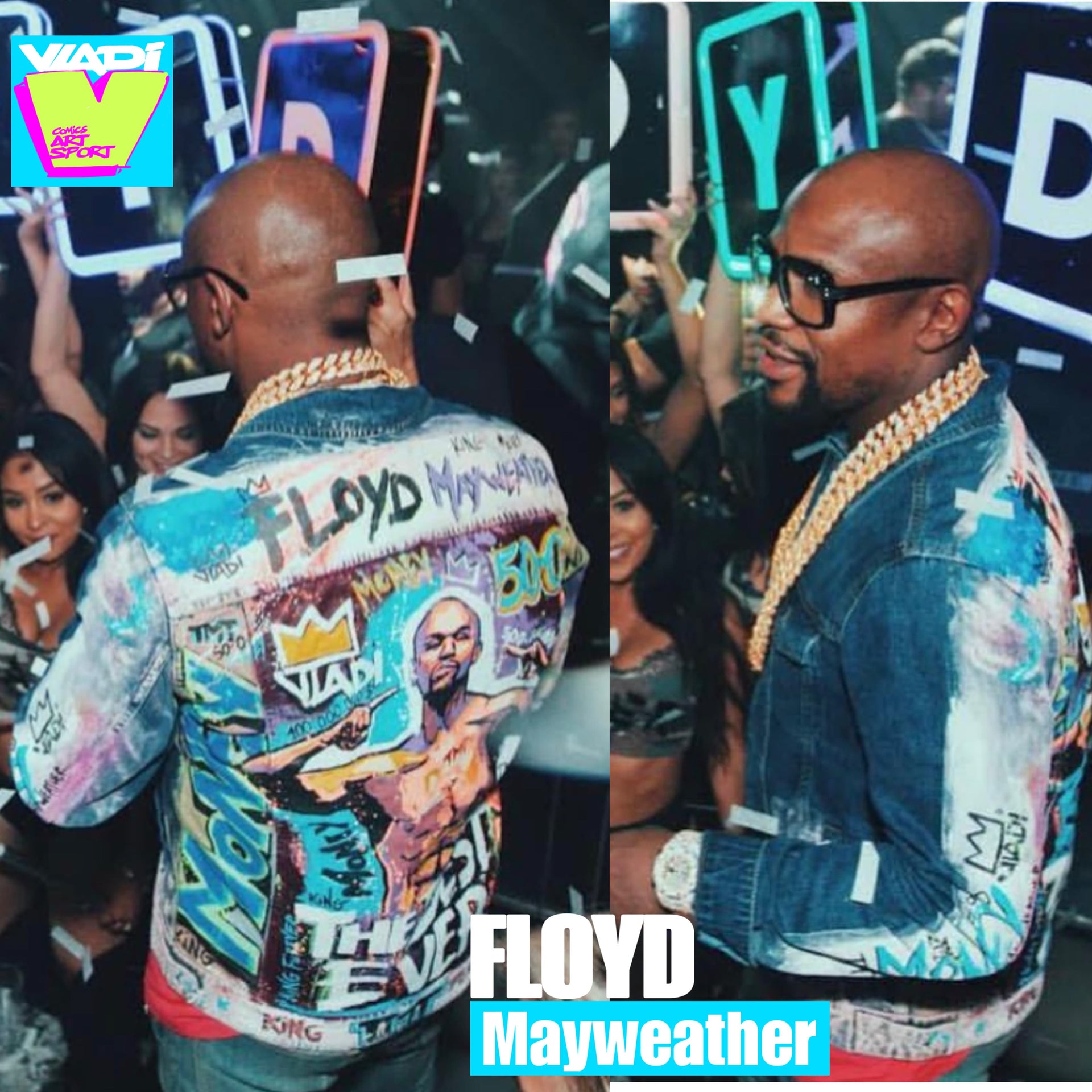 Floyd Mayweather Acquires Another Unique Hand-Painted Art Jacket in Pop Comic Style from Art VLADI Sport