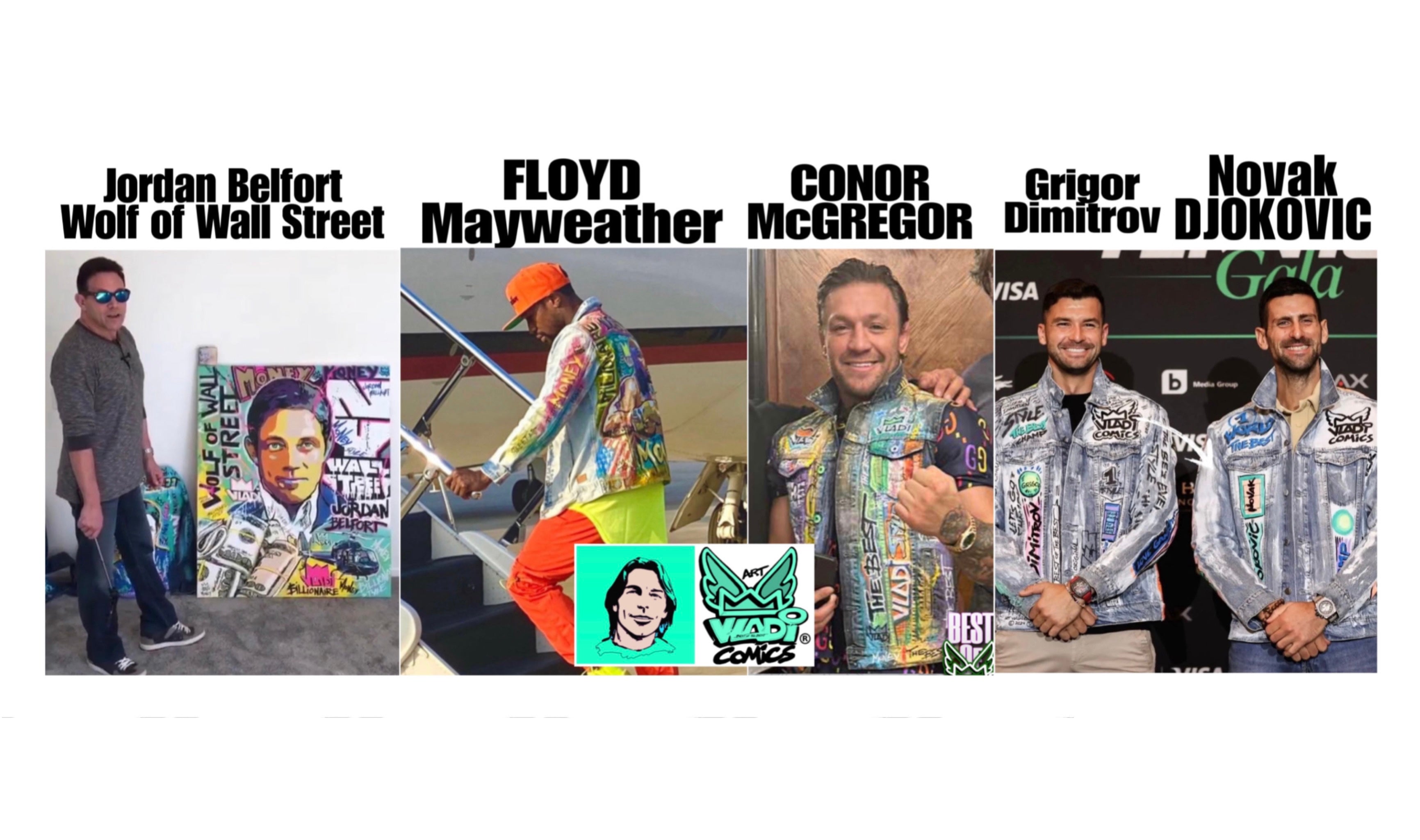 Exclusive group photo featuring Conor McGregor, Novak Djokovic, Floyd Mayweather, and Jordan Belfort in Art VLADI hand-painted pop art jackets — where luxury meets comic art