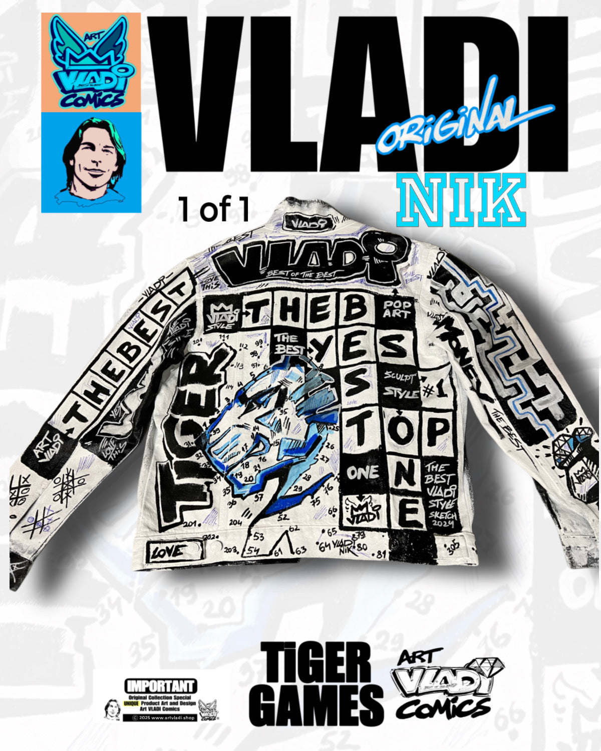 Luxury hand-painted Art Jacket by Art VLADI – front view, 1 of 1 exclusive streetwear in pop art comic style