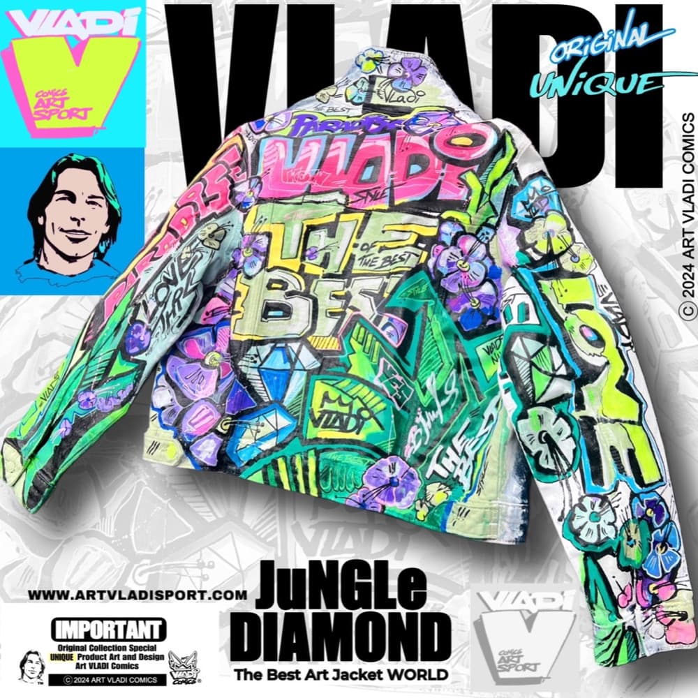 Hand-painted denim art jacket by Art VLADI titled "Jungle Diamond" in bold pop art comic style