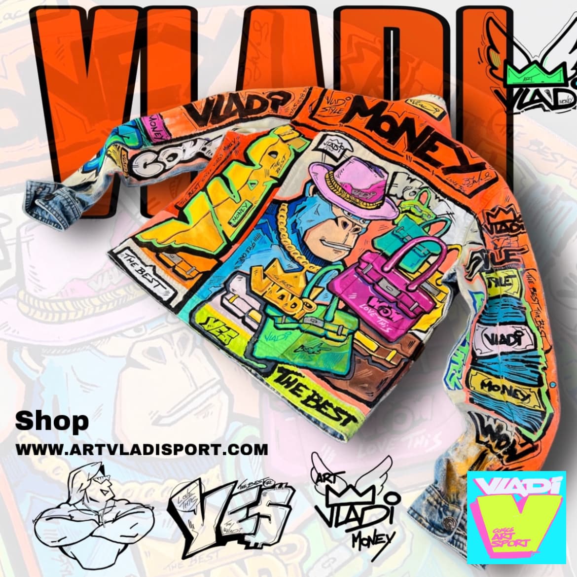 Denim art jacket by Art VLADI featuring the bold "Money Kong" design in vibrant pop art comic style