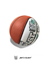 Close-up detail of Art VLADI pop comic basketball – unique printed stamp, collector’s edition ball