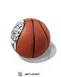 Side view of limited edition Art VLADI basketball – stamped comic art style, luxury streetwear object