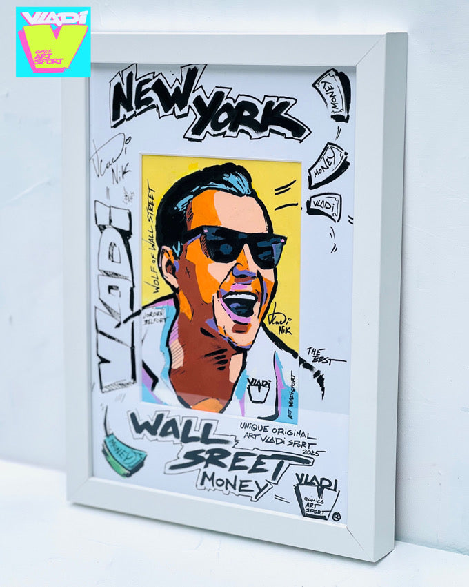Detailed sketch of Jordan Belfort by Art VLADI in pop art comic style, showing expressive lines and intense facial expression