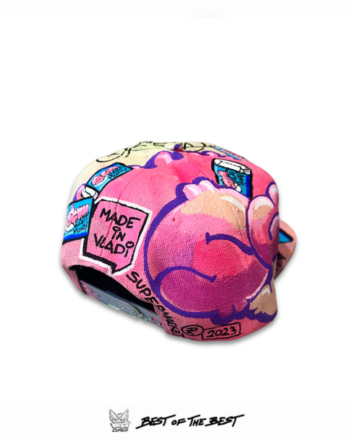 Back view of “GUM – Hate” 1of1 hand-painted hat by Art VLADI, featuring bold pop art comic graphics and streetwear style.
