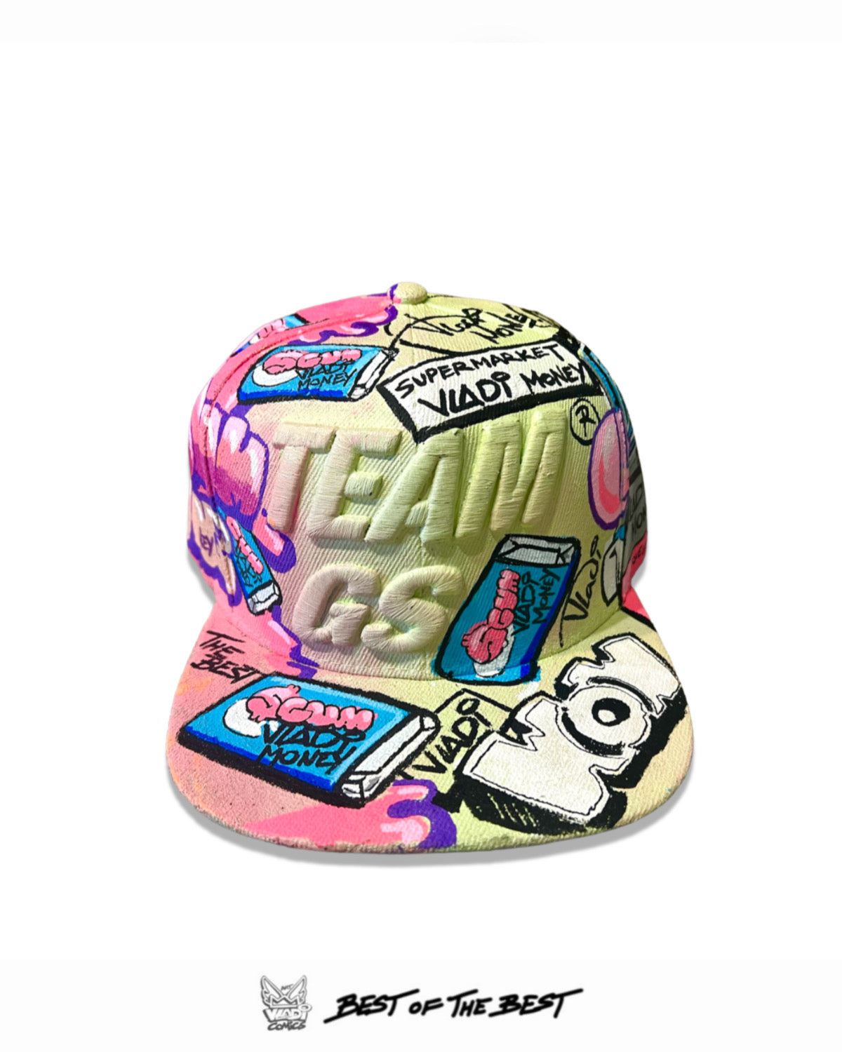 Front view of “GUM – Hate” 1of1 hand-painted hat by Art VLADI in bold pop art comic style. Unique wearable artwork.