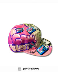 Side view of “GUM – Hate” 1of1 hand-painted hat by Art VLADI featuring vivid pop art comic elements. A unique collector’s piece.