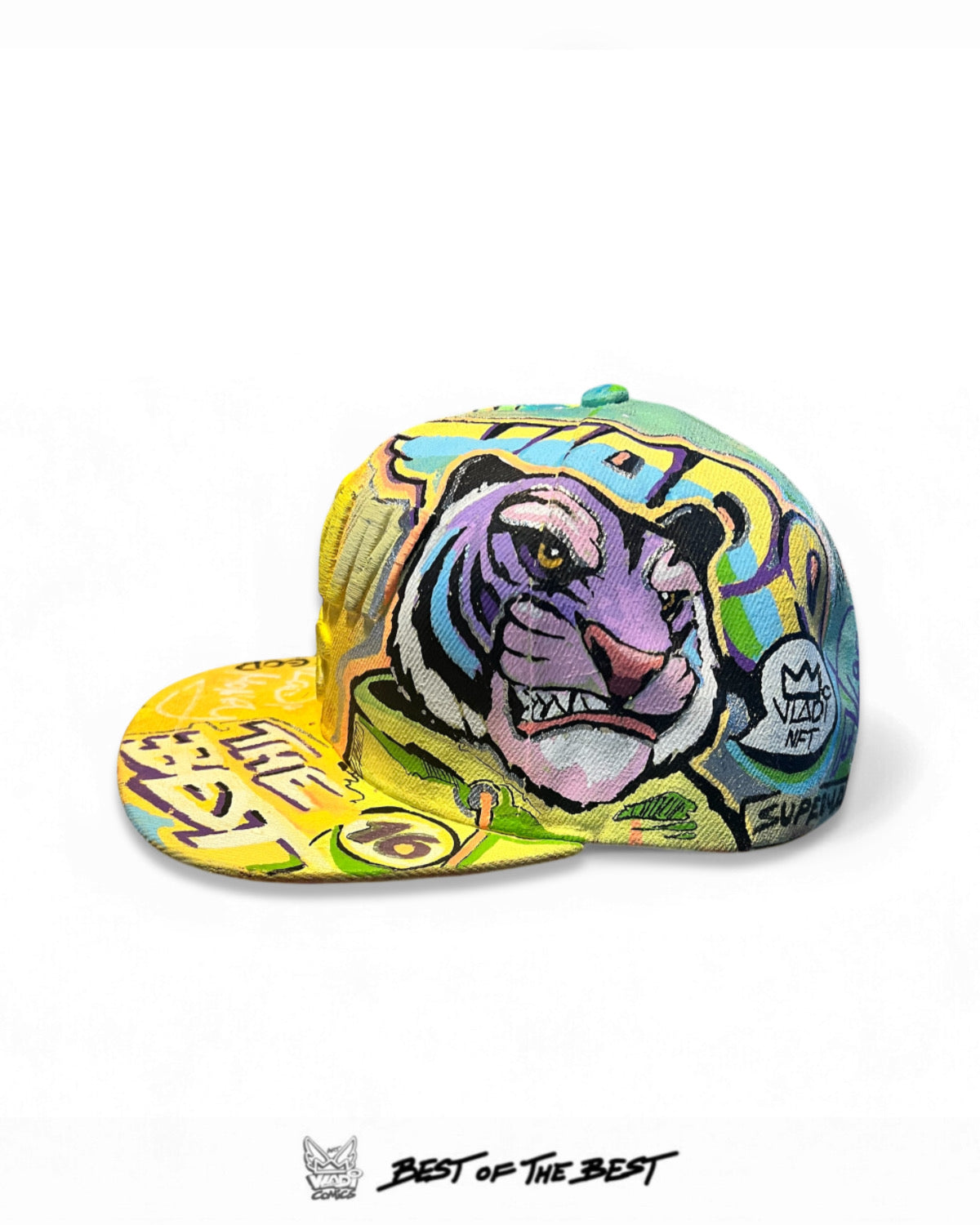 Front view of TIGER 16 Hat 1of1 by Art VLADI — hand-painted pop art comic design featuring a fierce blue tiger, true wearable art.