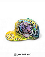 Front view of TIGER 16 Hat 1of1 by Art VLADI — hand-painted pop art comic design featuring a fierce blue tiger, true wearable art.