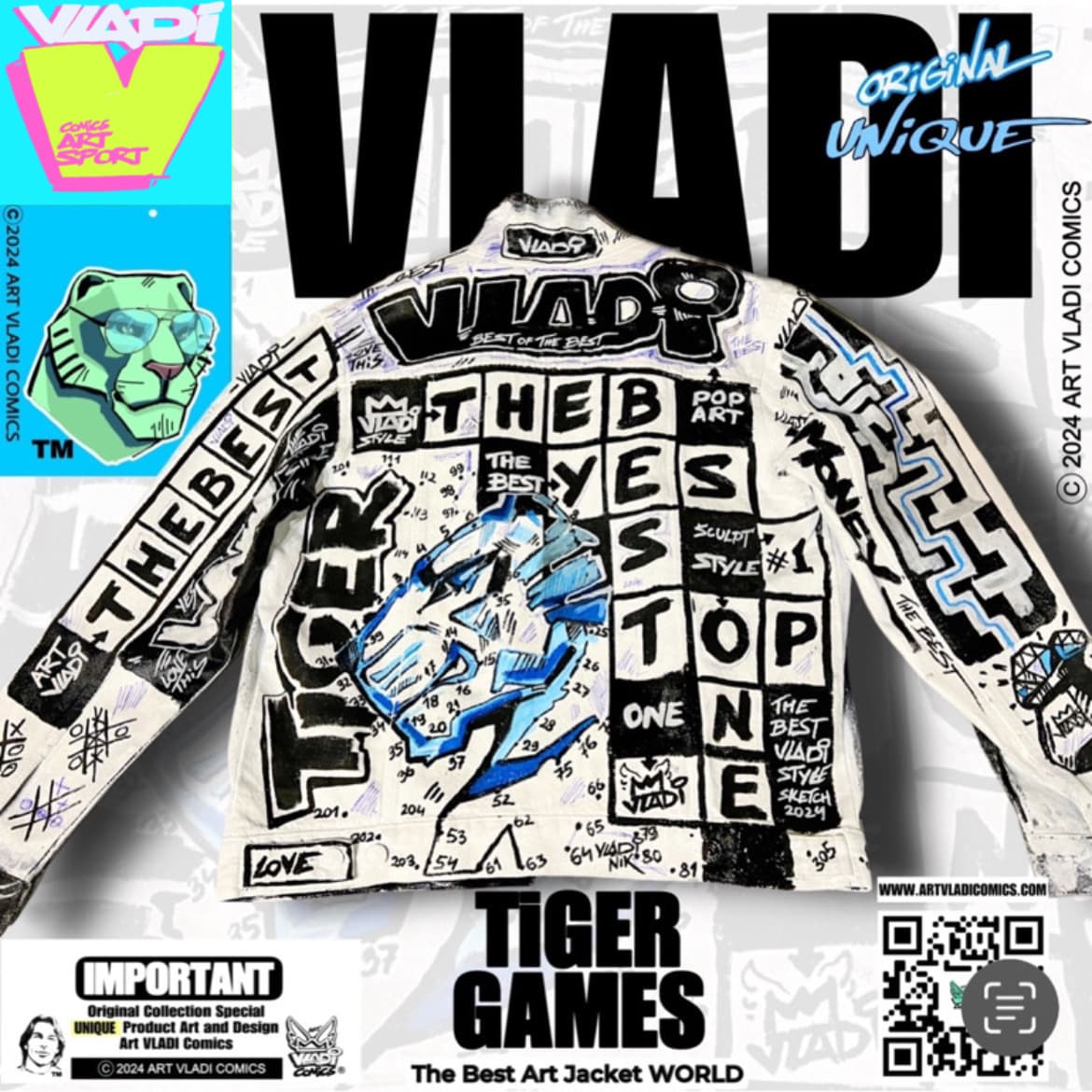 Denim art jacket by Art VLADI featuring hand-painted Tiger GAMES design in bold pop art comic style