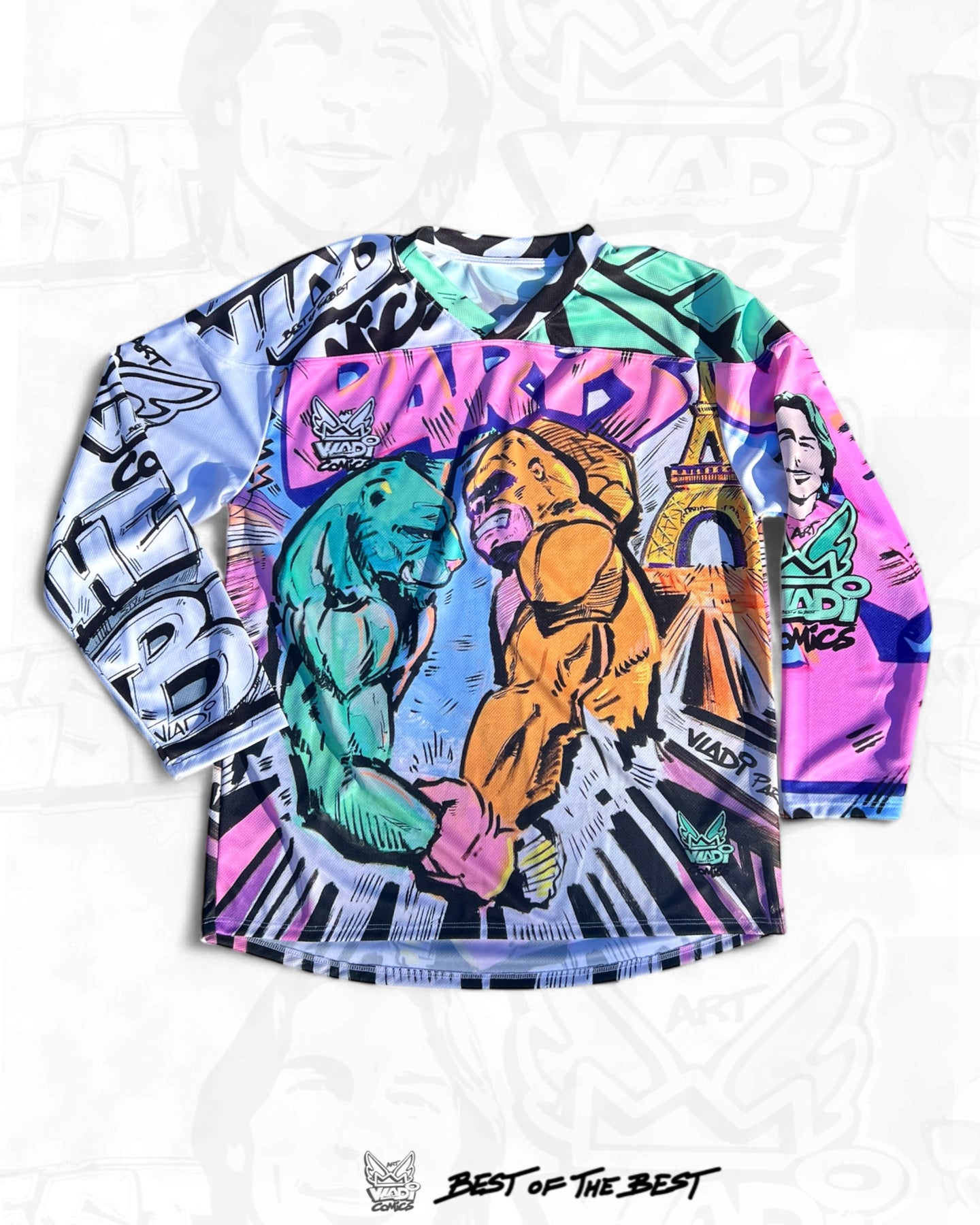 Front view of Tiger KONG Paris Hockey Shirt by Art VLADI – Limited Edition Pop Art Comic Style