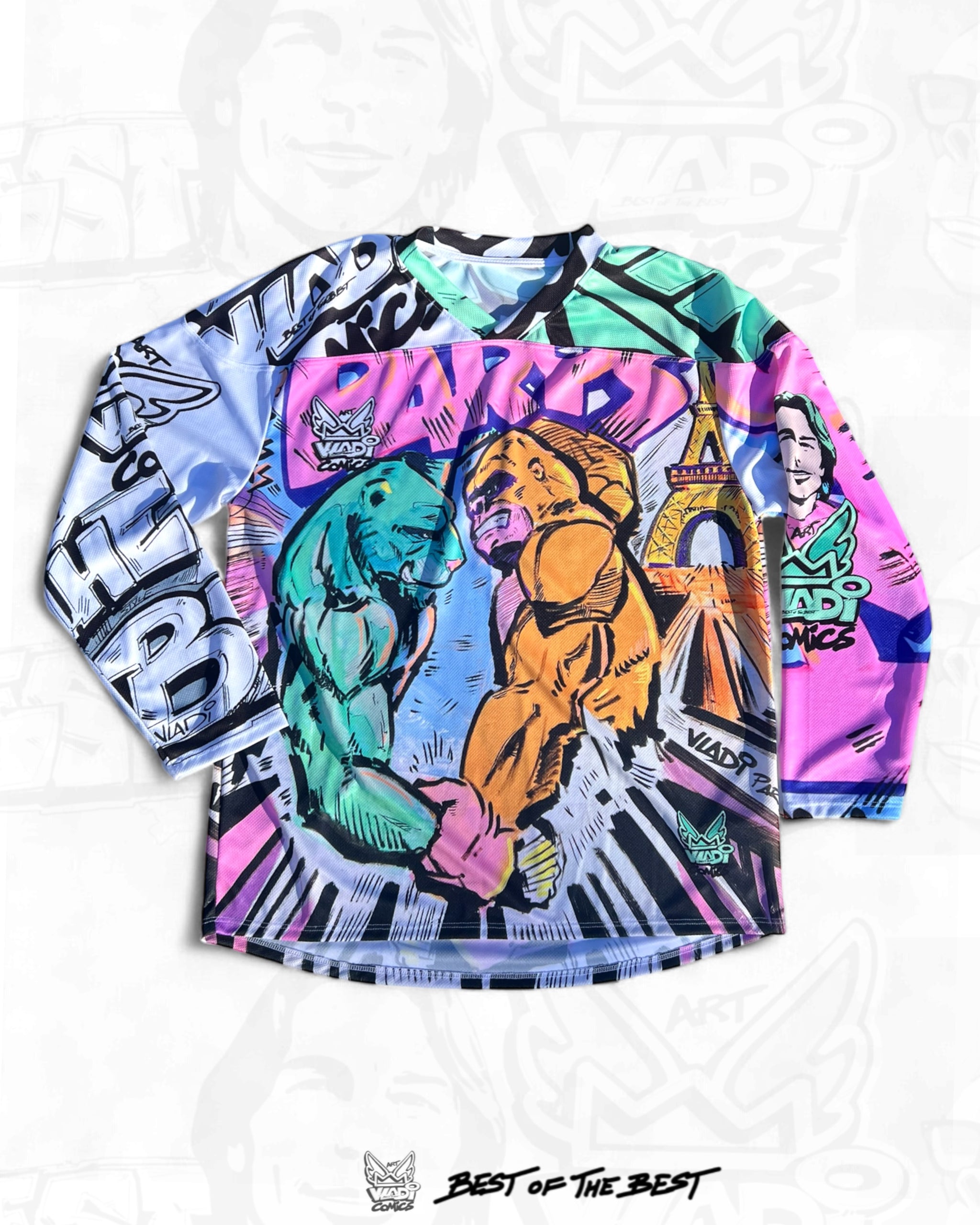 Front view of Tiger KONG Paris Hockey Shirt by Art VLADI – Limited Edition Pop Art Comic Style