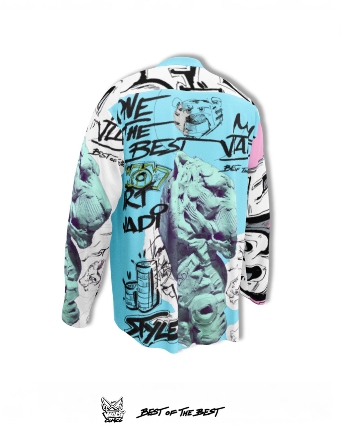Side view of Art VLADI’s Tiger Sculpture hockey shirt — unique hand-painted pop art style with bold comic energy