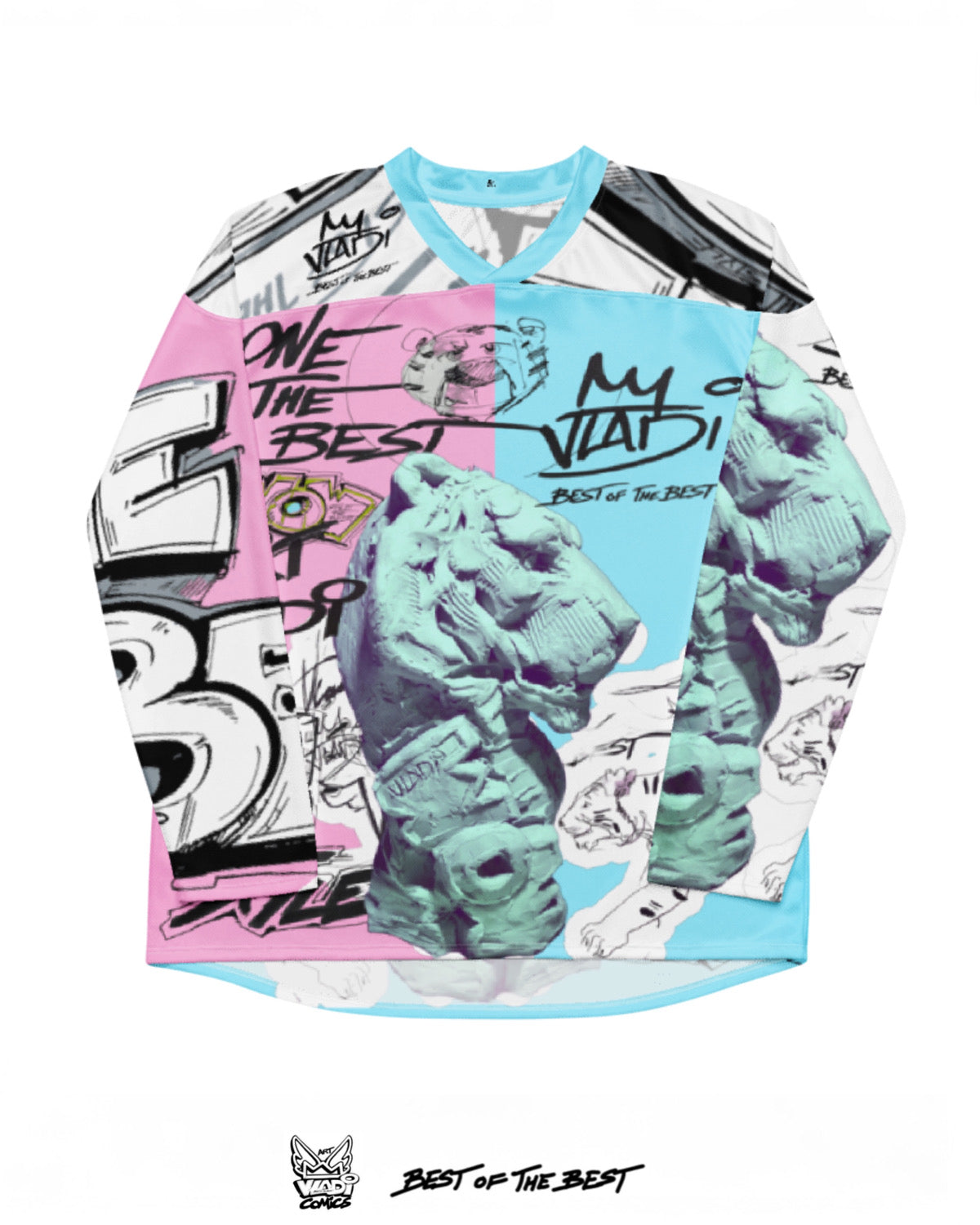 Front view of Art VLADI’s Tiger Sculpture hockey shirt — bold pop art comic design with powerful visual impact