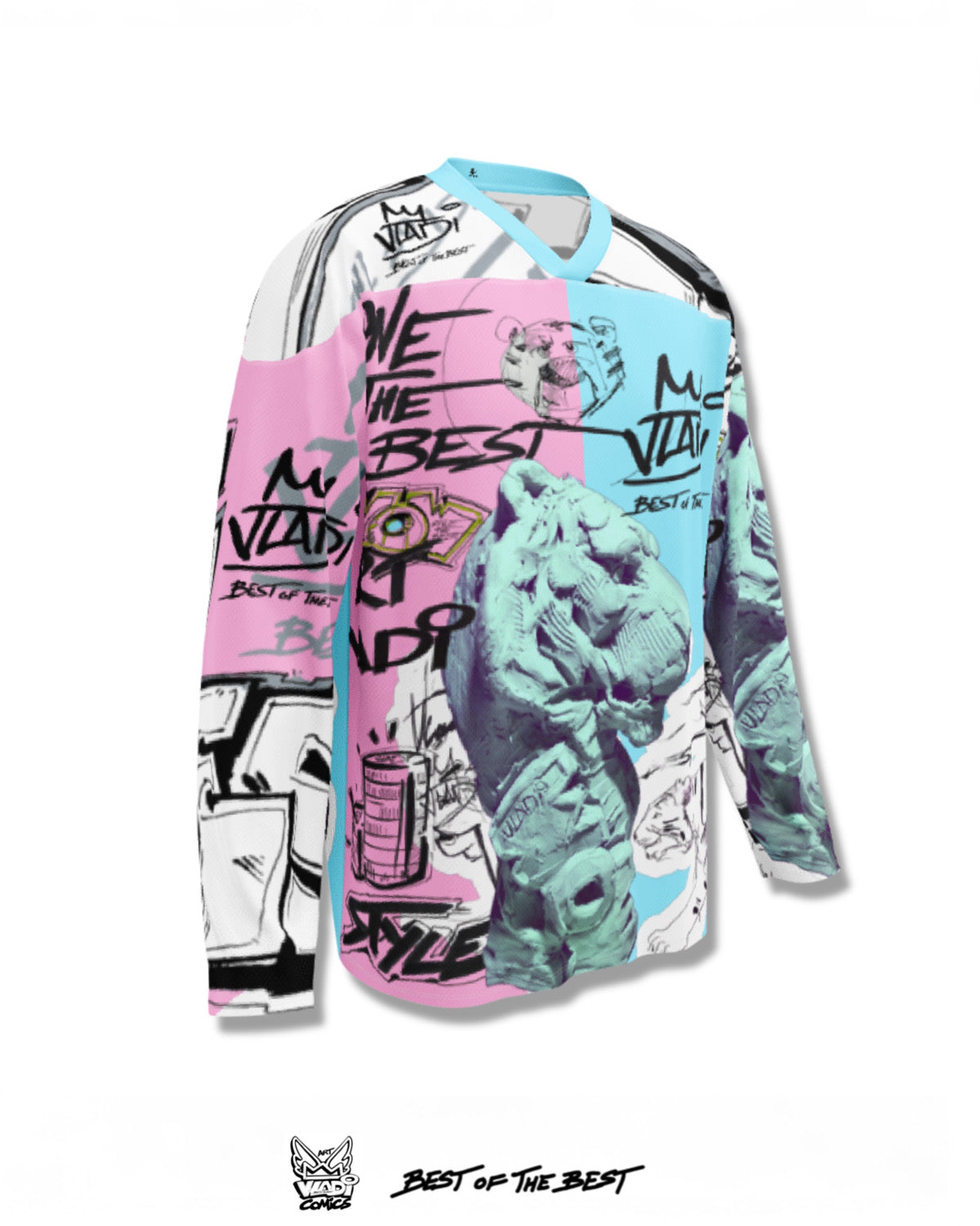 Side view of Art VLADI’s Tiger Sculpture hockey shirt — pop art comic style with striking details and athletic fit