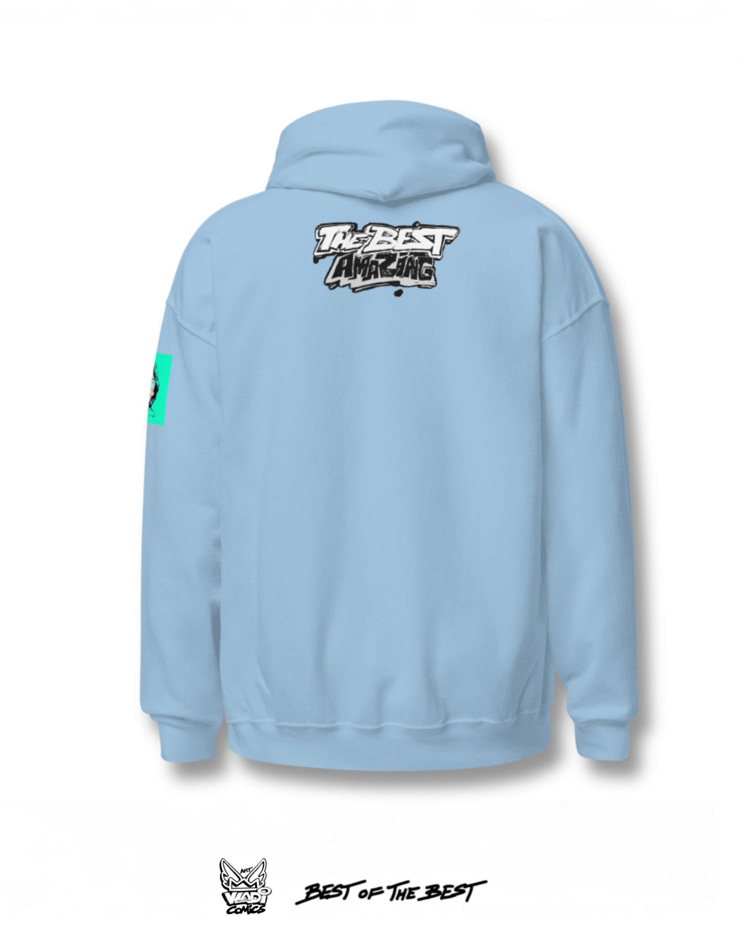 Back view of blue VLADI Comics sweatshirt with comic graphics, designed by Art VLADI.