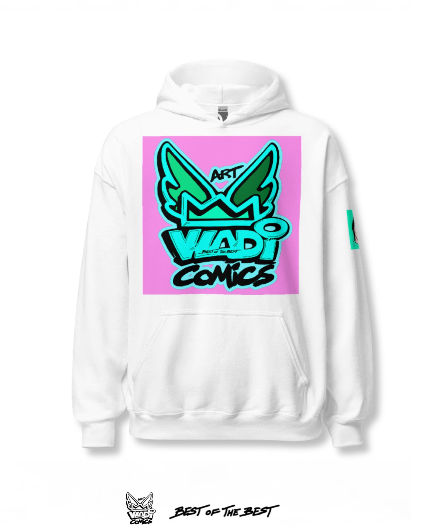 Front view of VLADI Comics sweatshirt by Art VLADI, featuring bold pop art comic design in vibrant colors. Artistic and stylish streetwear for collectors.