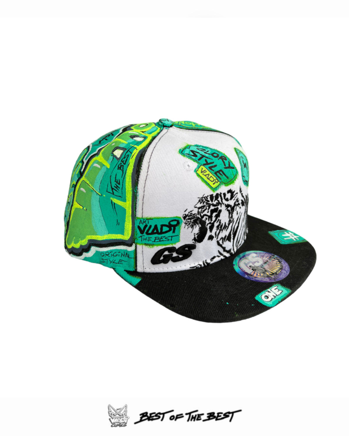 Front view of “YES” 1of1 hat by Art VLADI — hand-painted with bold pop art comic style and detailed tiger embroidery. A wearable art statement.