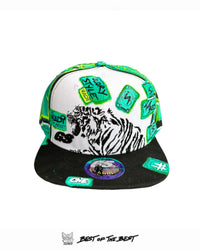 Front view of the YES 1of1 hand-painted hat by Art VLADI with bold pop art comic graphics and embroidered tiger — wearable street art masterpiece.