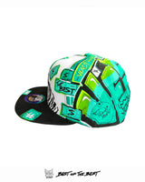 Side view of the YES 1of1 hat by Art VLADI, featuring hand-painted pop art comic motifs and unique brushstroke textures — wearable collectible.