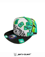Side view of the YES 1of1 hand-painted hat by Art VLADI featuring embroidered tiger — a unique streetwear art piece in bold pop art comic style.